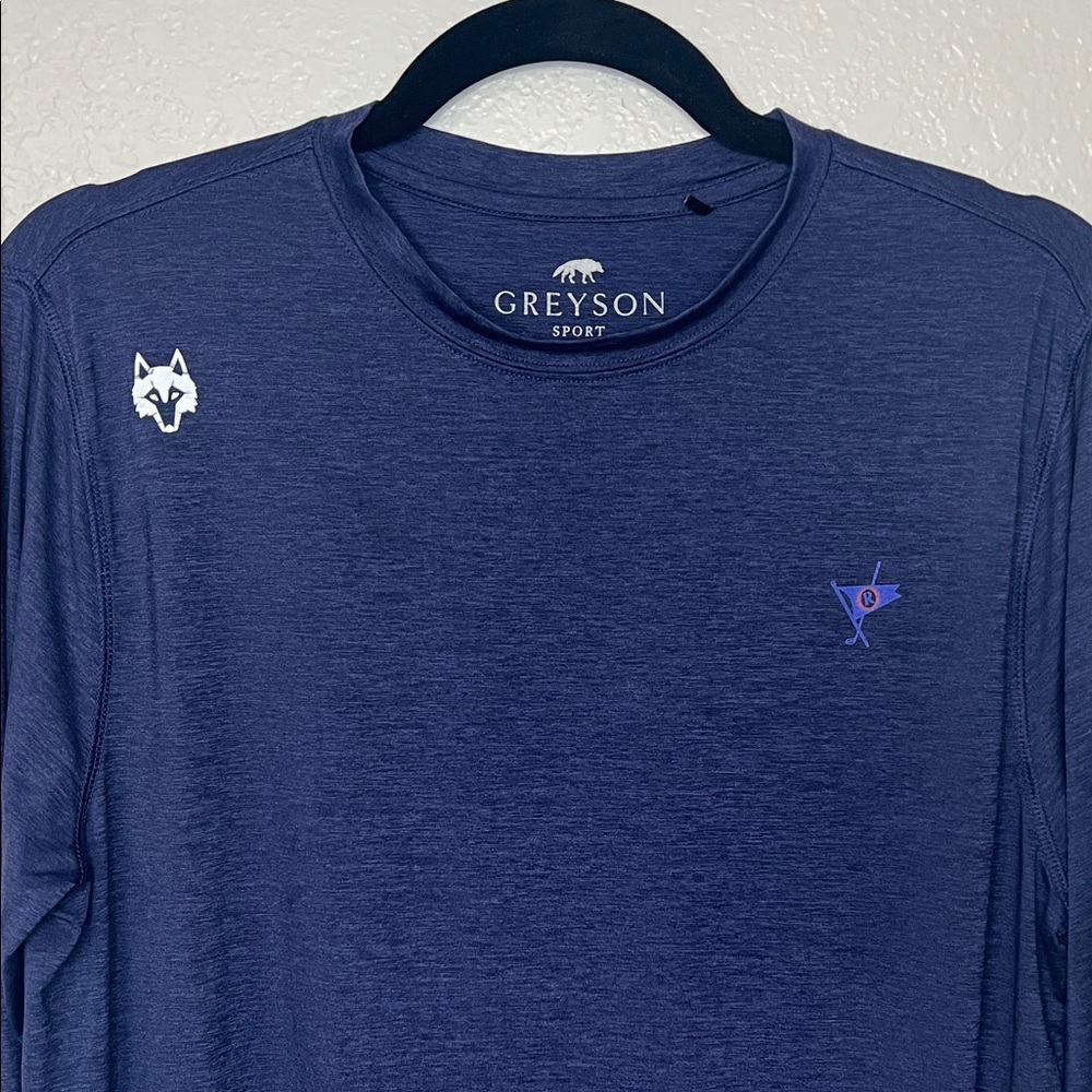 Greyson Men’s Crew Long Sleeve Heather Maltese Blue Golf Shirt Athletic OCR logo